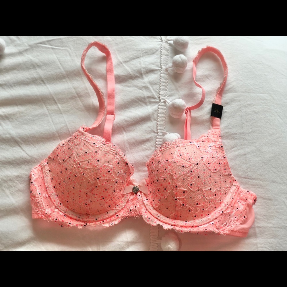 Pink Laced Bra with Pink & Blue Dots - 34A